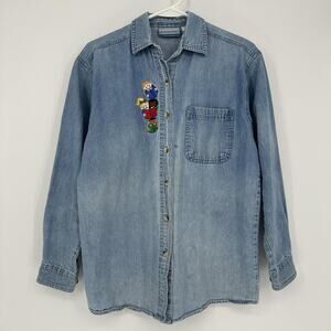 Faded Gear Shirt Womens Large Blue Denim Button Front Teacher Kids Embroidered